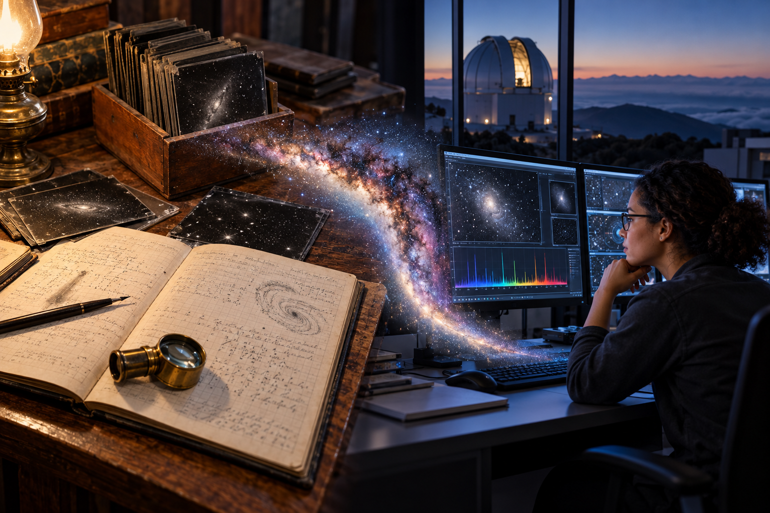 Historic glass plates connect to a modern observatory and digital spectrum analysis