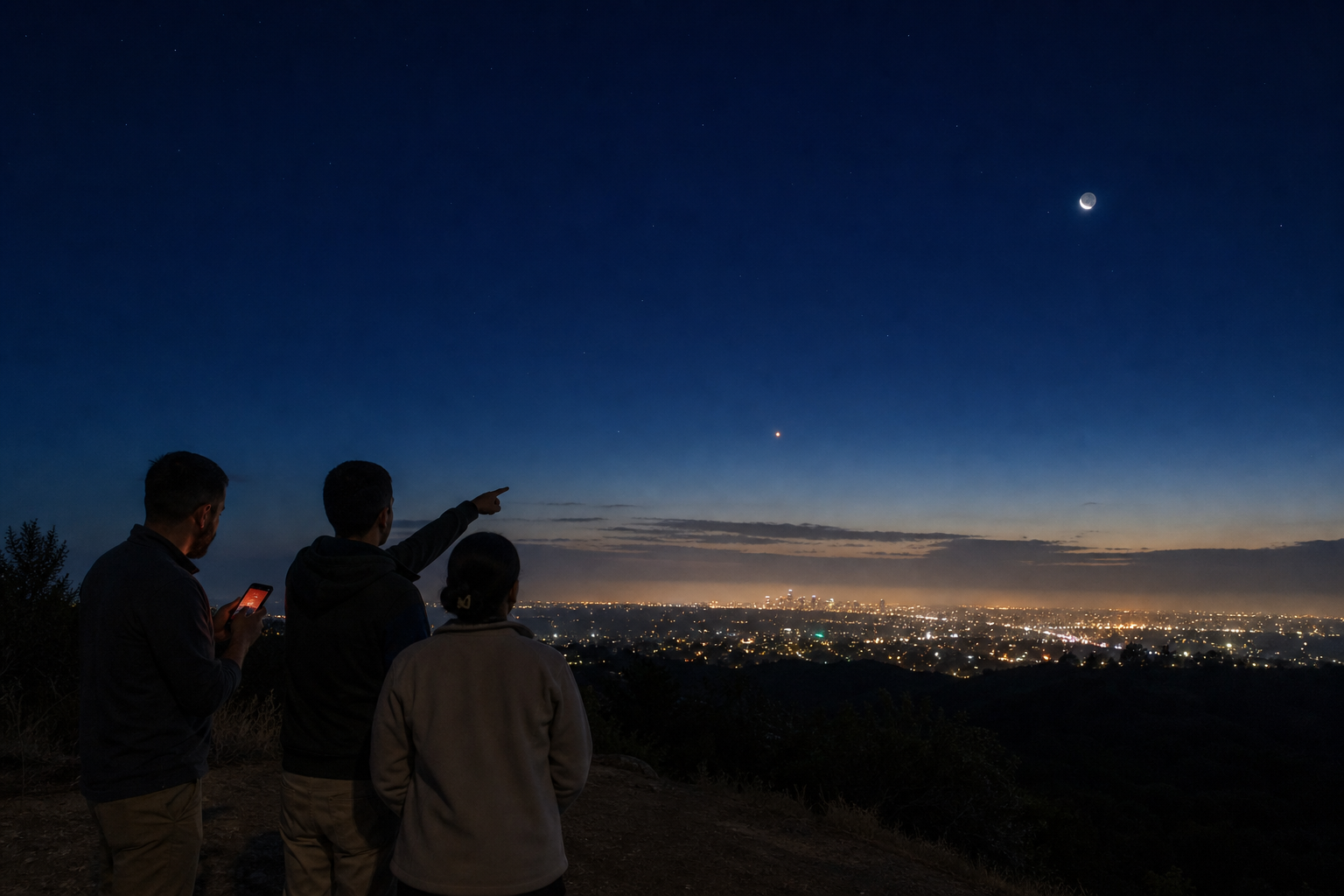 Friends look toward a small orange Mars above the pre-dawn Los Angeles horizon.