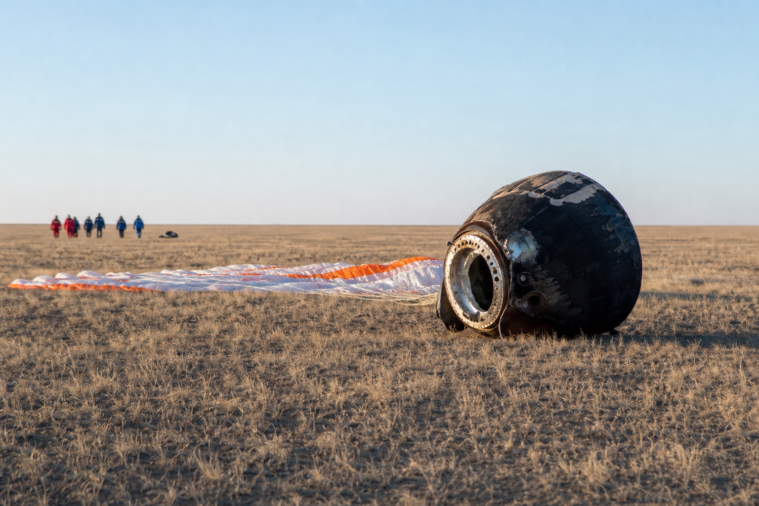 Recovered Soyuz-style capsule and distant field team on the Kazakh steppe
