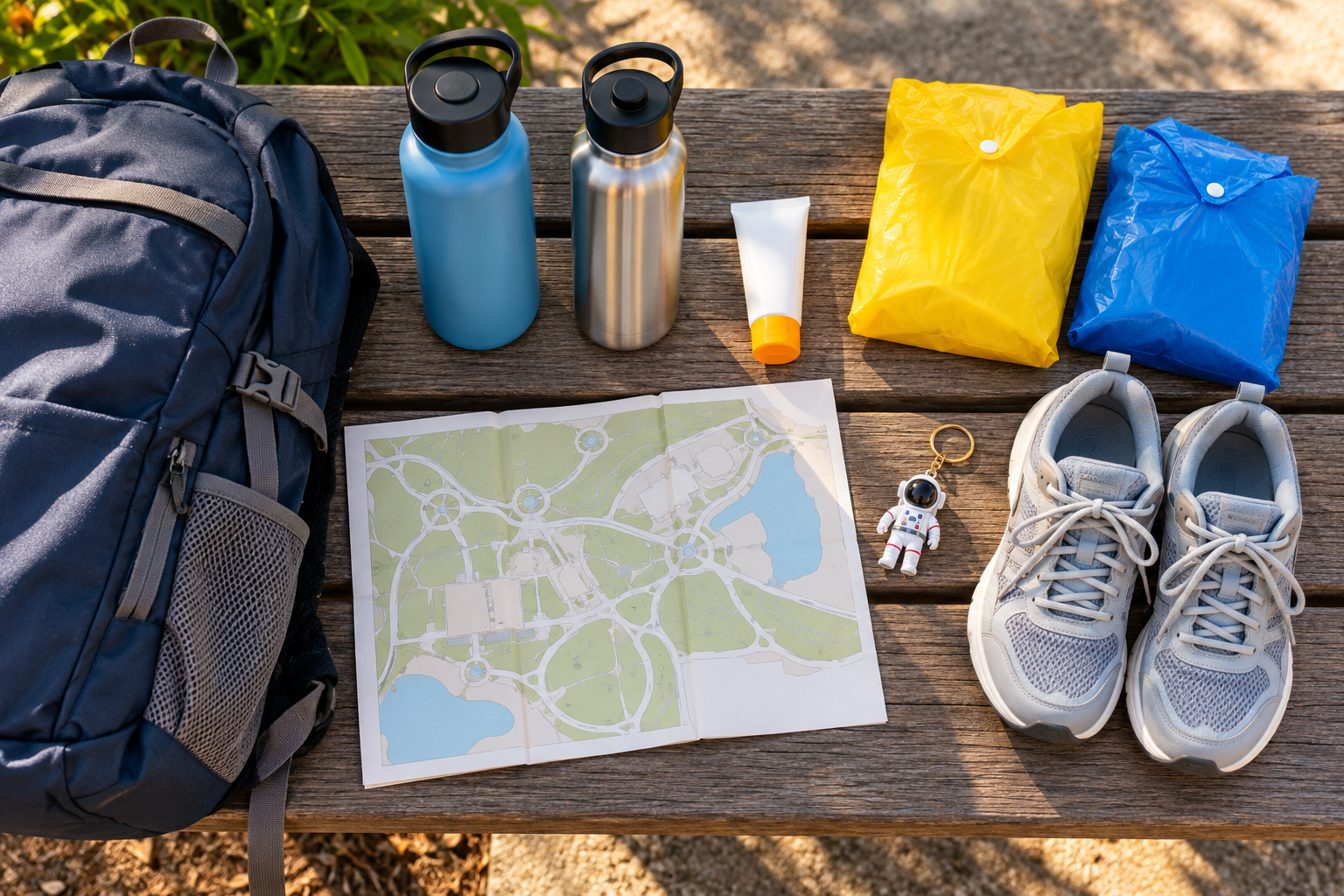A practical first-timer day pack with water, sunscreen, rain layers, walking shoes, and a small astronaut keychain.