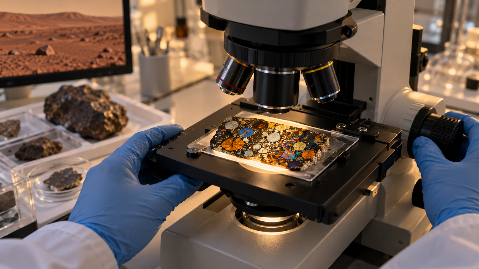 Planetary-science laboratory illustration showing a polished meteorite slice under a microscope.