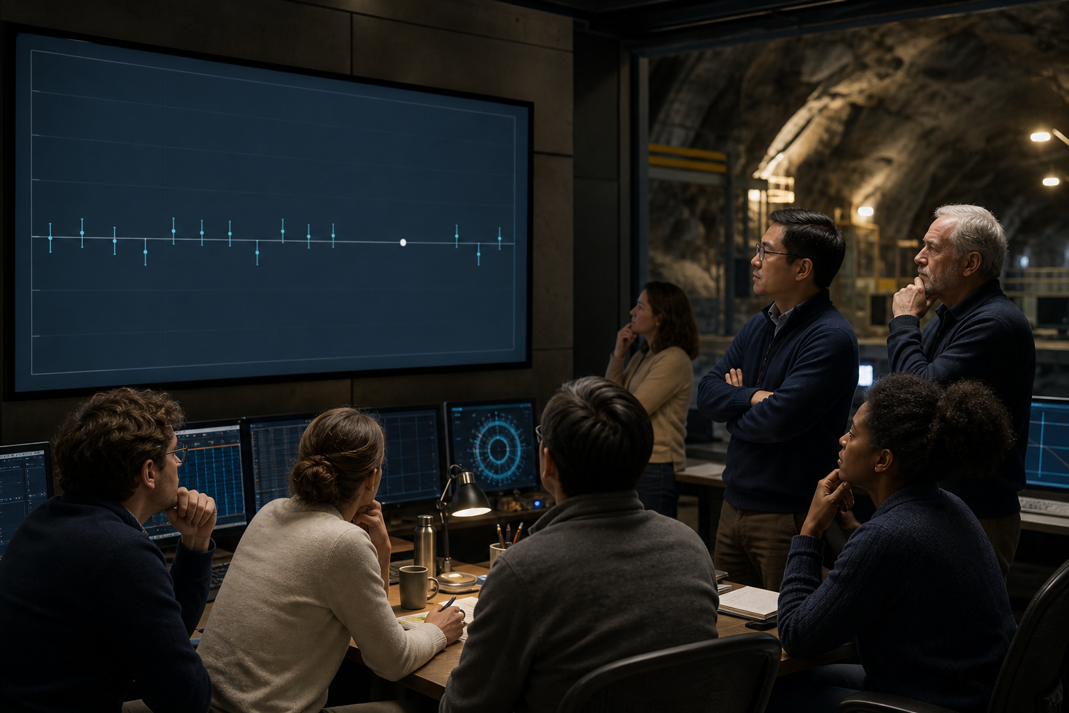 Researchers review an anomalous data point in an underground physics control room