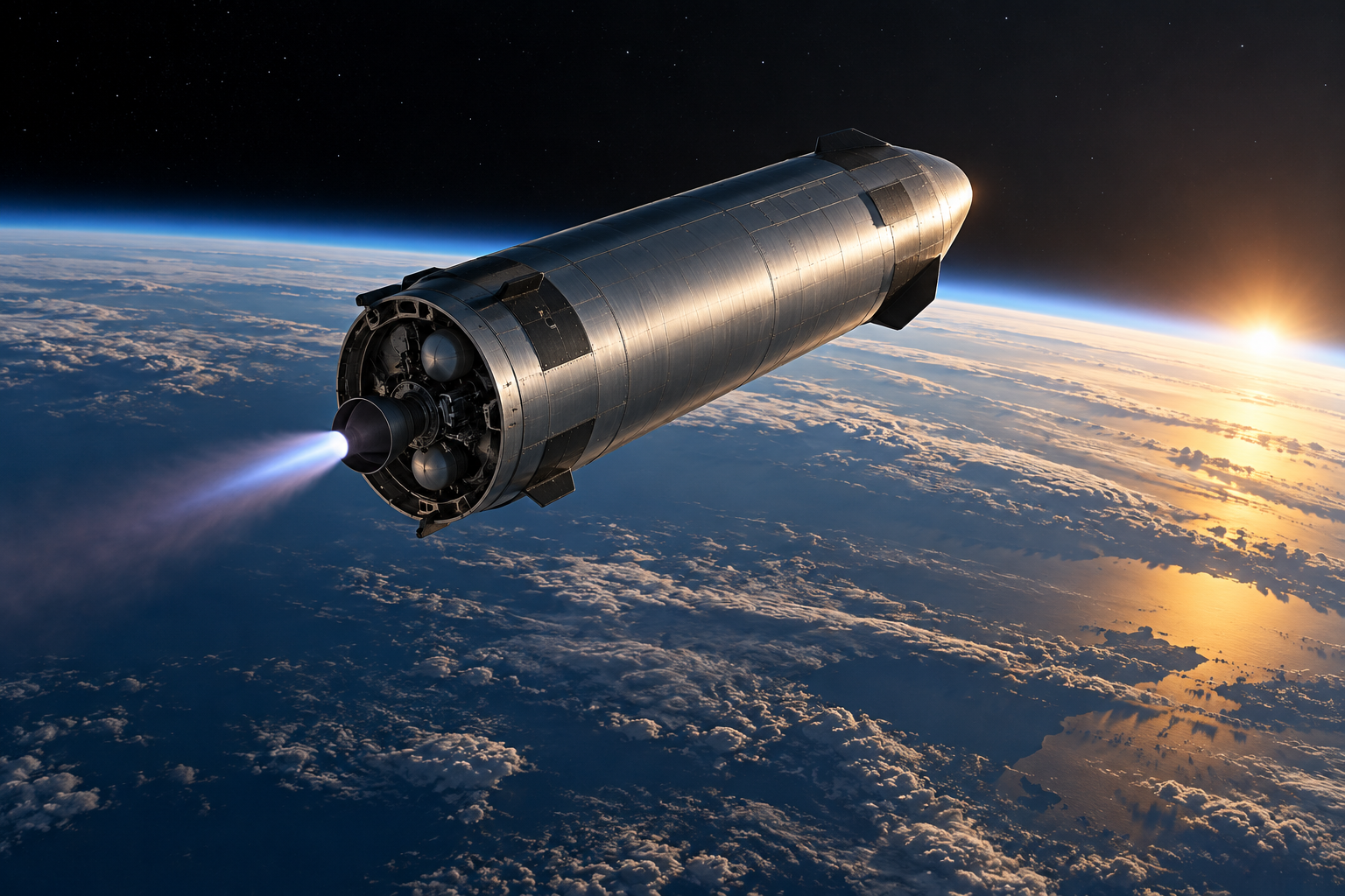 Editorial spaceflight illustration of an upper-stage vehicle using a single engine for a controlled deorbit maneuver above Earth.