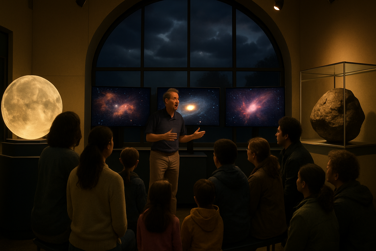 Indoor cloudy-night observatory program with staff explaining sky images on monitors