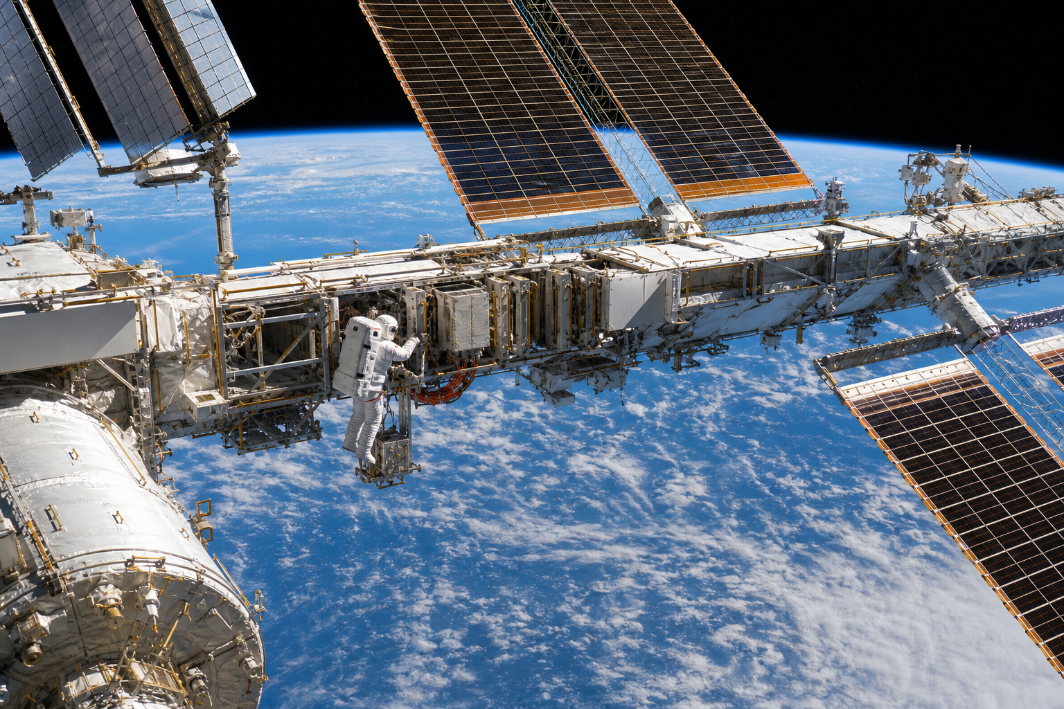 An astronaut working near the International Space Station solar array and power hardware