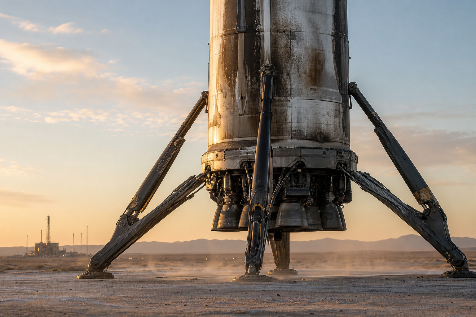 Close view of reusable-booster landing legs and engine section after recovery