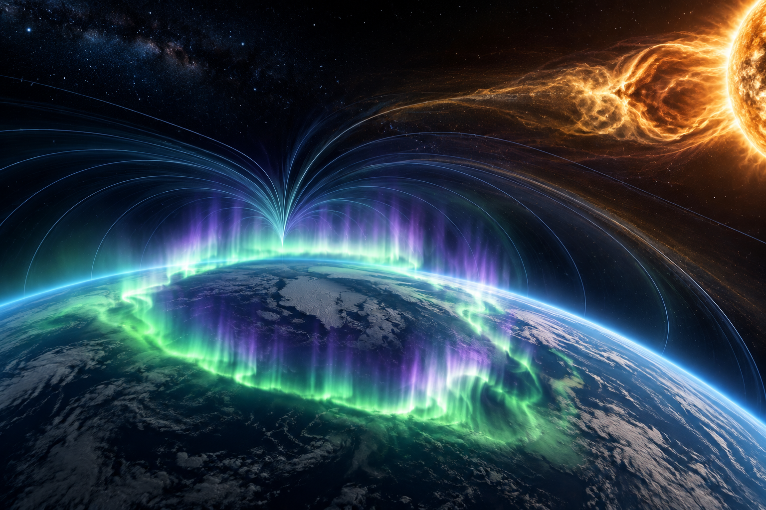 Editorial illustration of Earth’s magnetosphere and auroral oval responding to a geomagnetic storm.