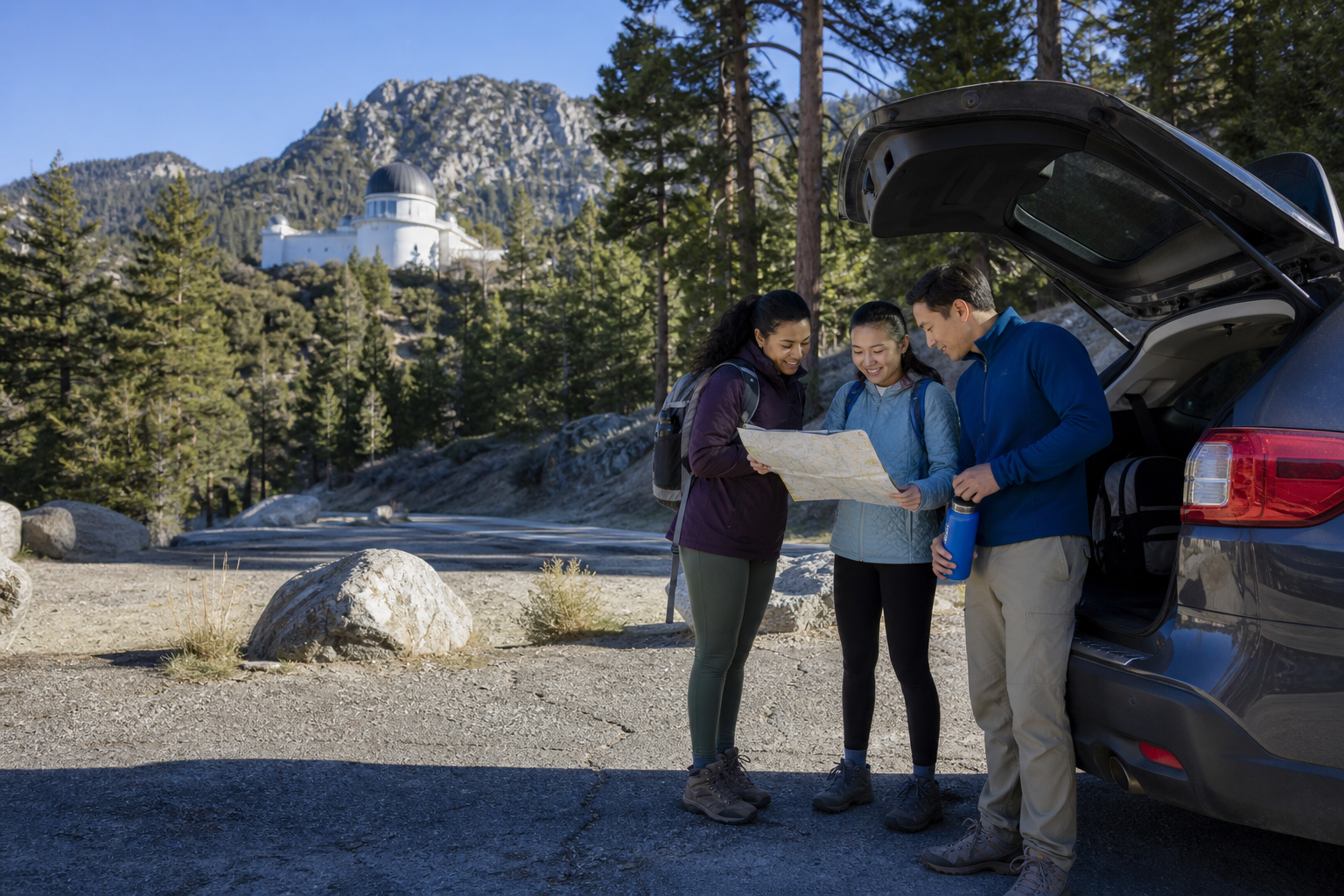 Visitors check a map and pack water before a mountain observatory visit