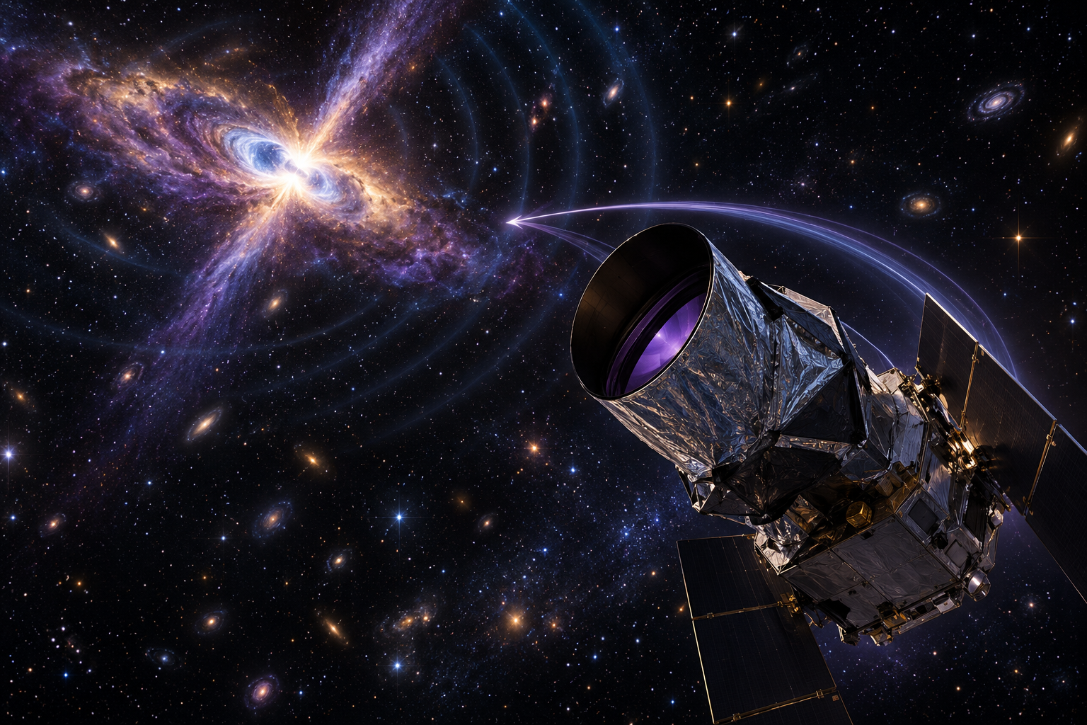 Concept illustration of an ultraviolet observatory turning toward a distant neutron-star merger alert