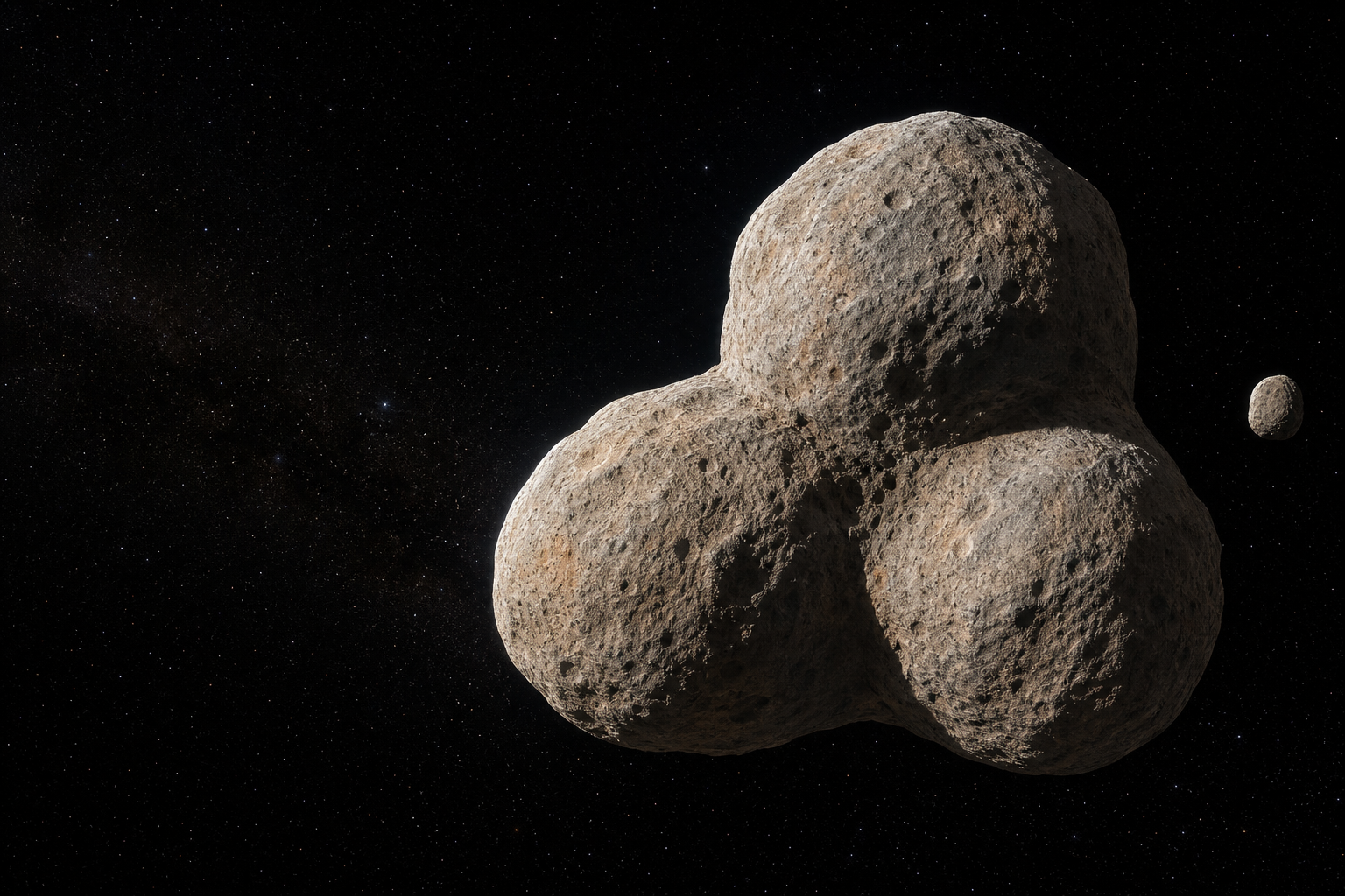 Editorial visualization of possible three-lobed asteroid 44 Nysa with a tiny moon