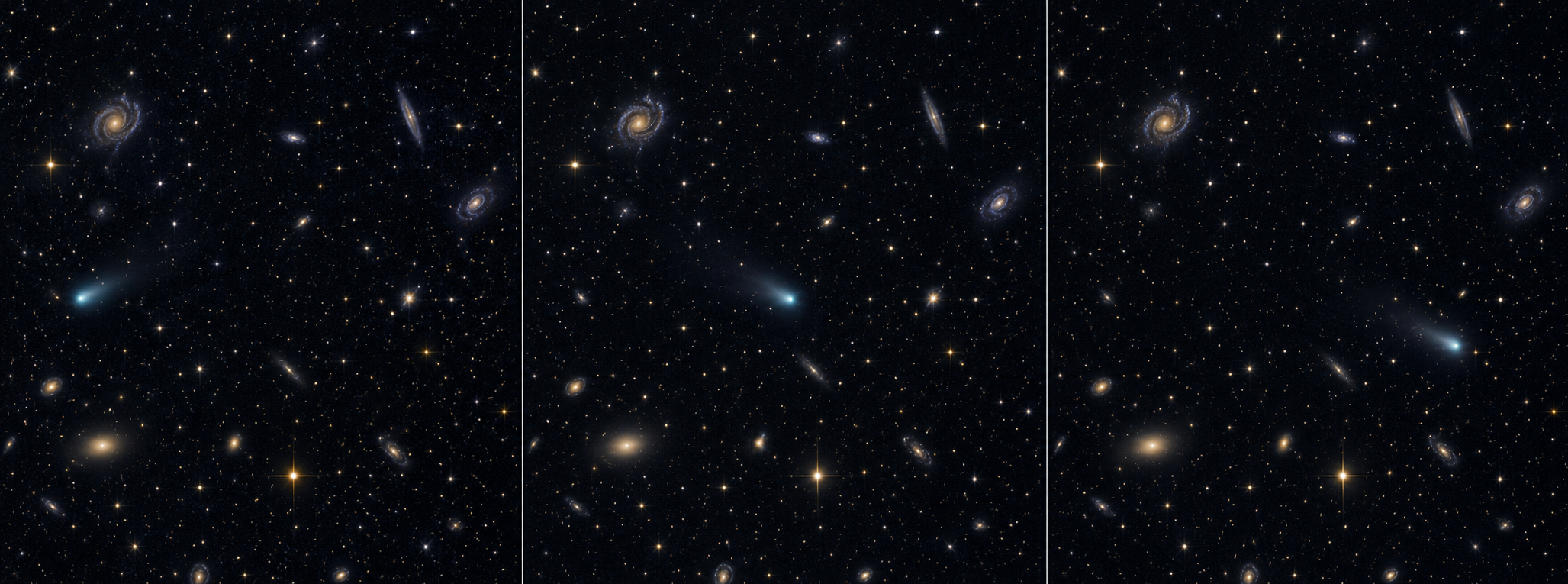Three deep survey frames show a faint comet shifting while distant galaxies remain fixed