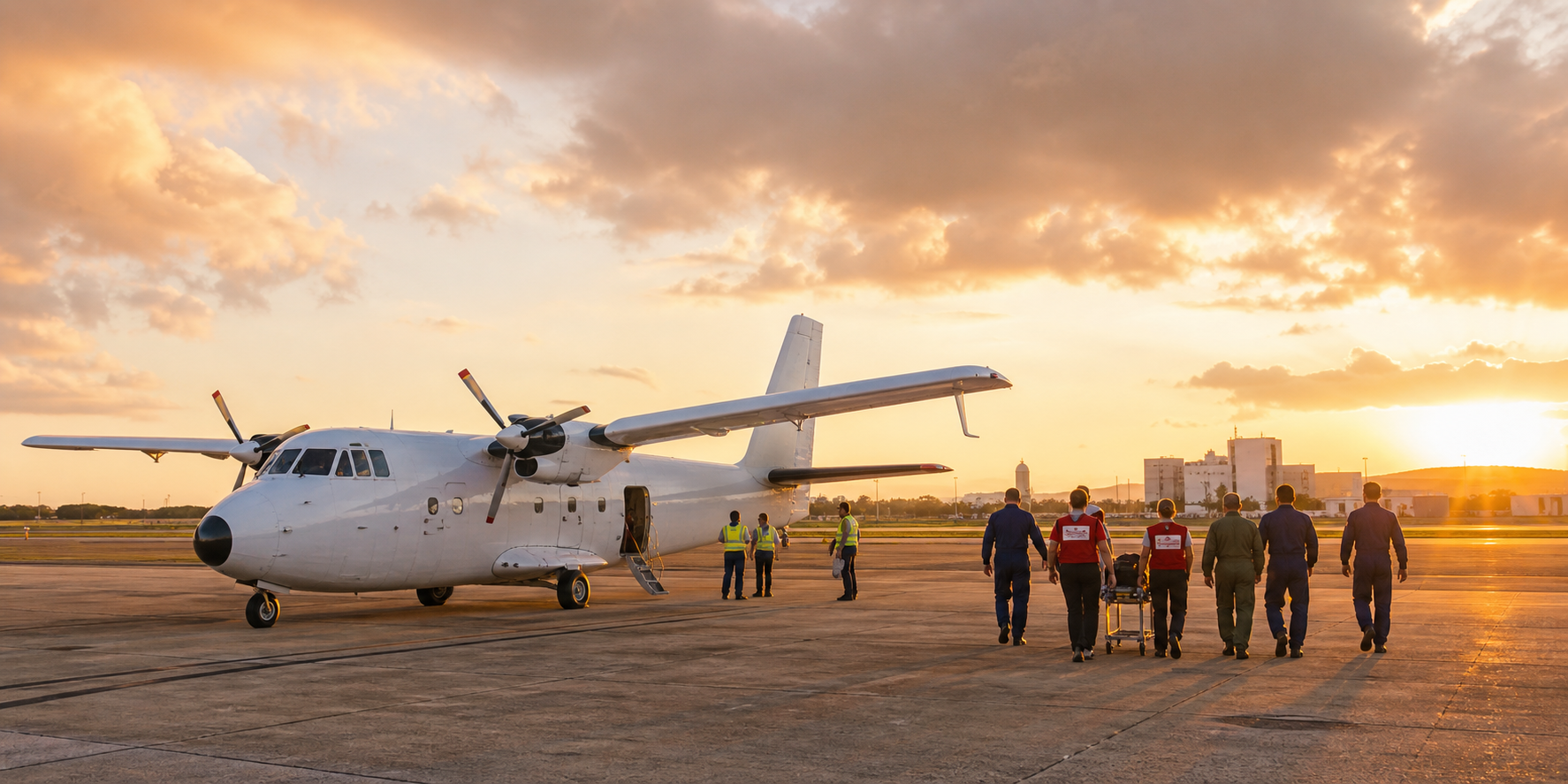 Recovery aircraft and support crew at a Houston-area airfield at sunset