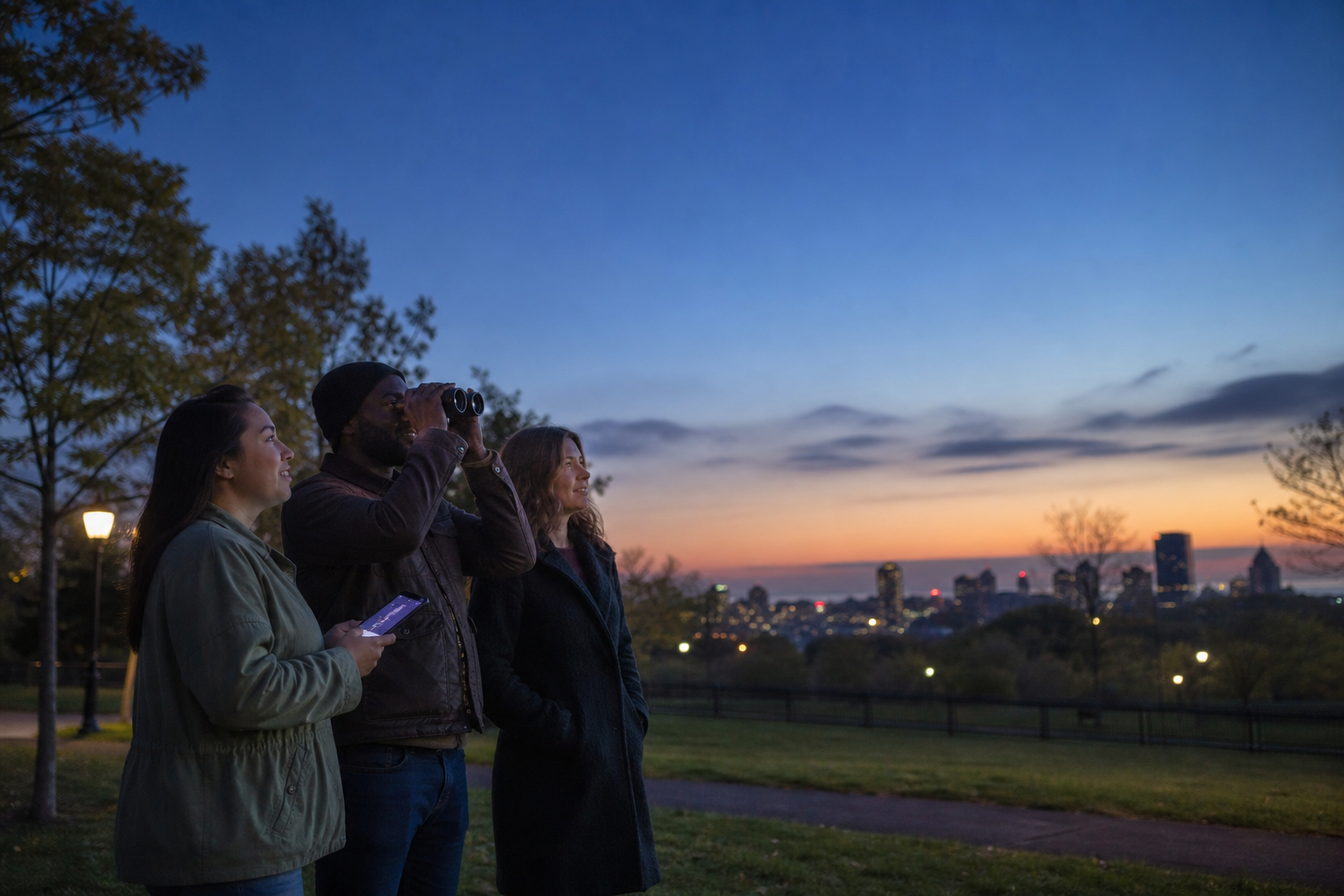 Friends use binoculars and a dim phone sky map at twilight