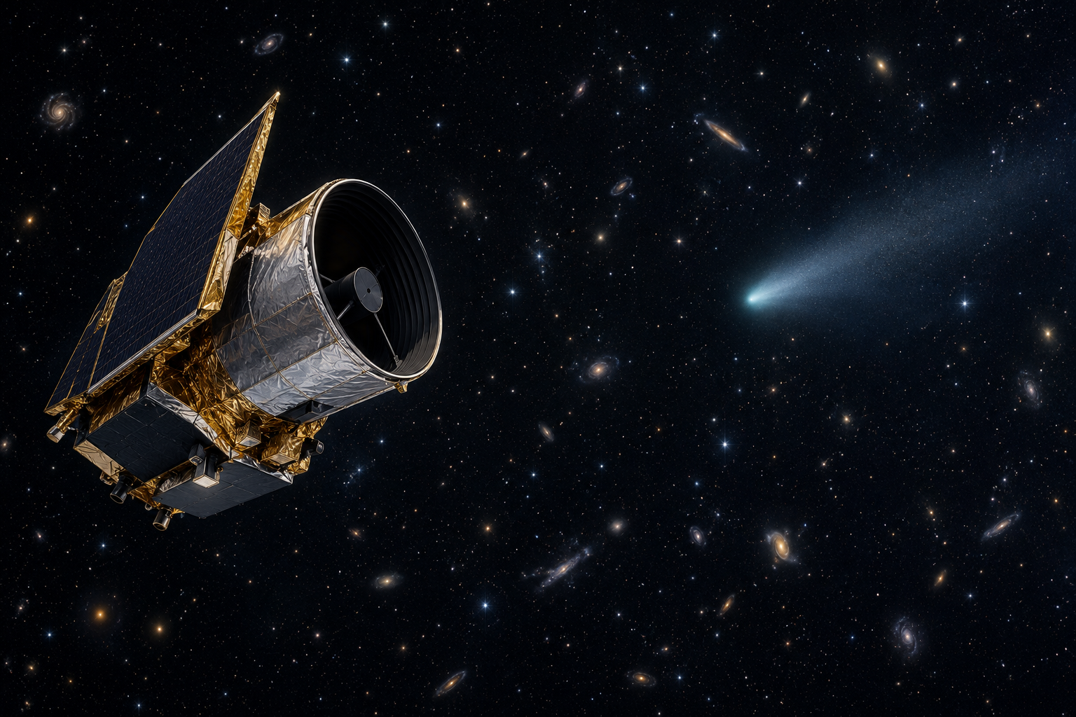 A deep-space survey telescope detects a faint distant comet against a field of galaxies.