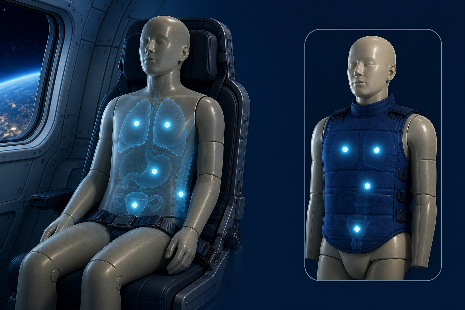 Two research phantoms in spacecraft seats with detector locations and one selective shielding vest