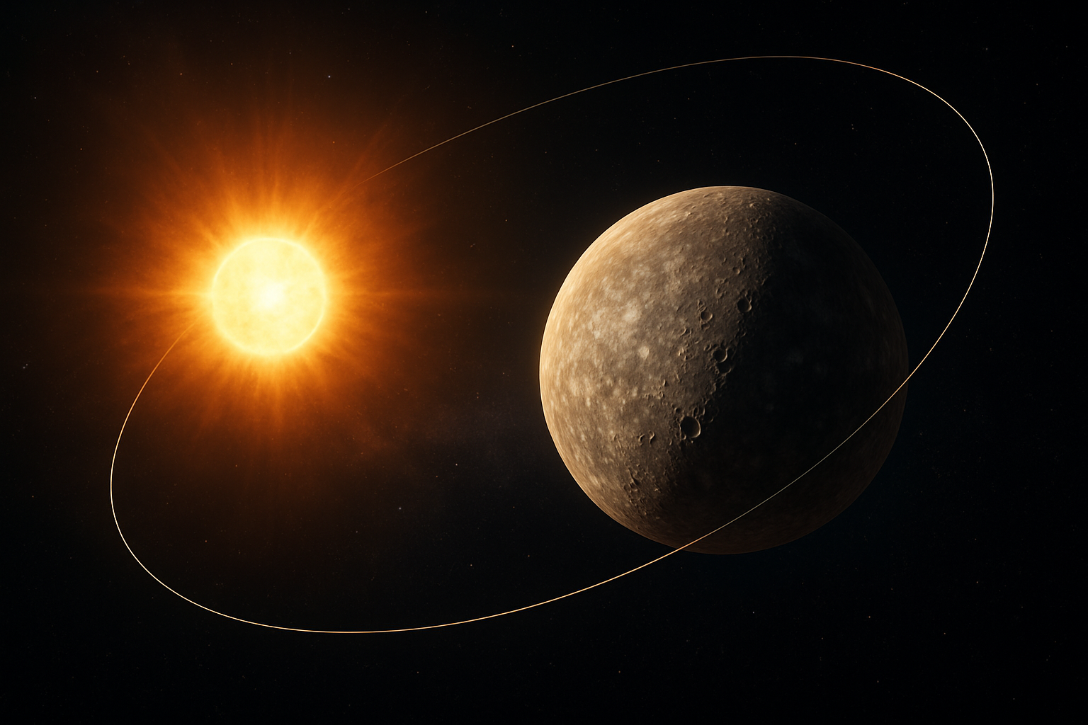 Mercury following a visibly elliptical path around the Sun in deep space