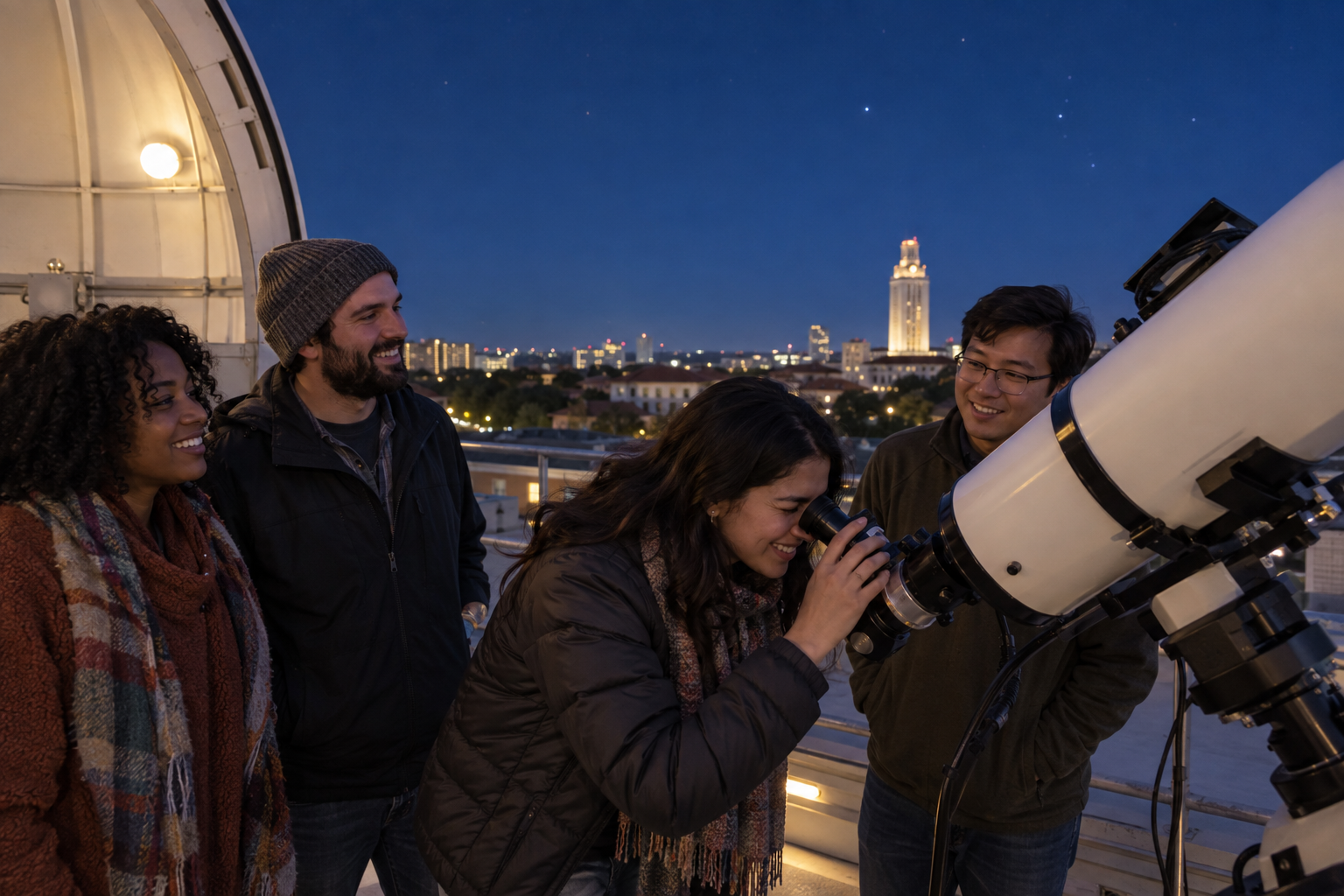 A diverse group of adults takes turns using a telescope during a welcoming Austin public observing night.