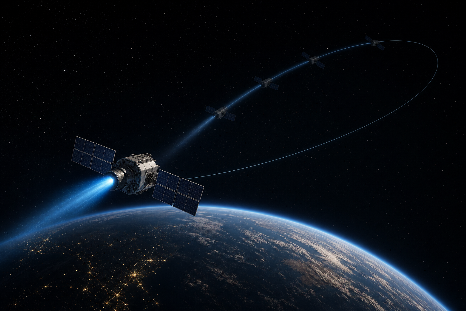 Illustration of a spacecraft using electric propulsion to raise its orbit toward GEO