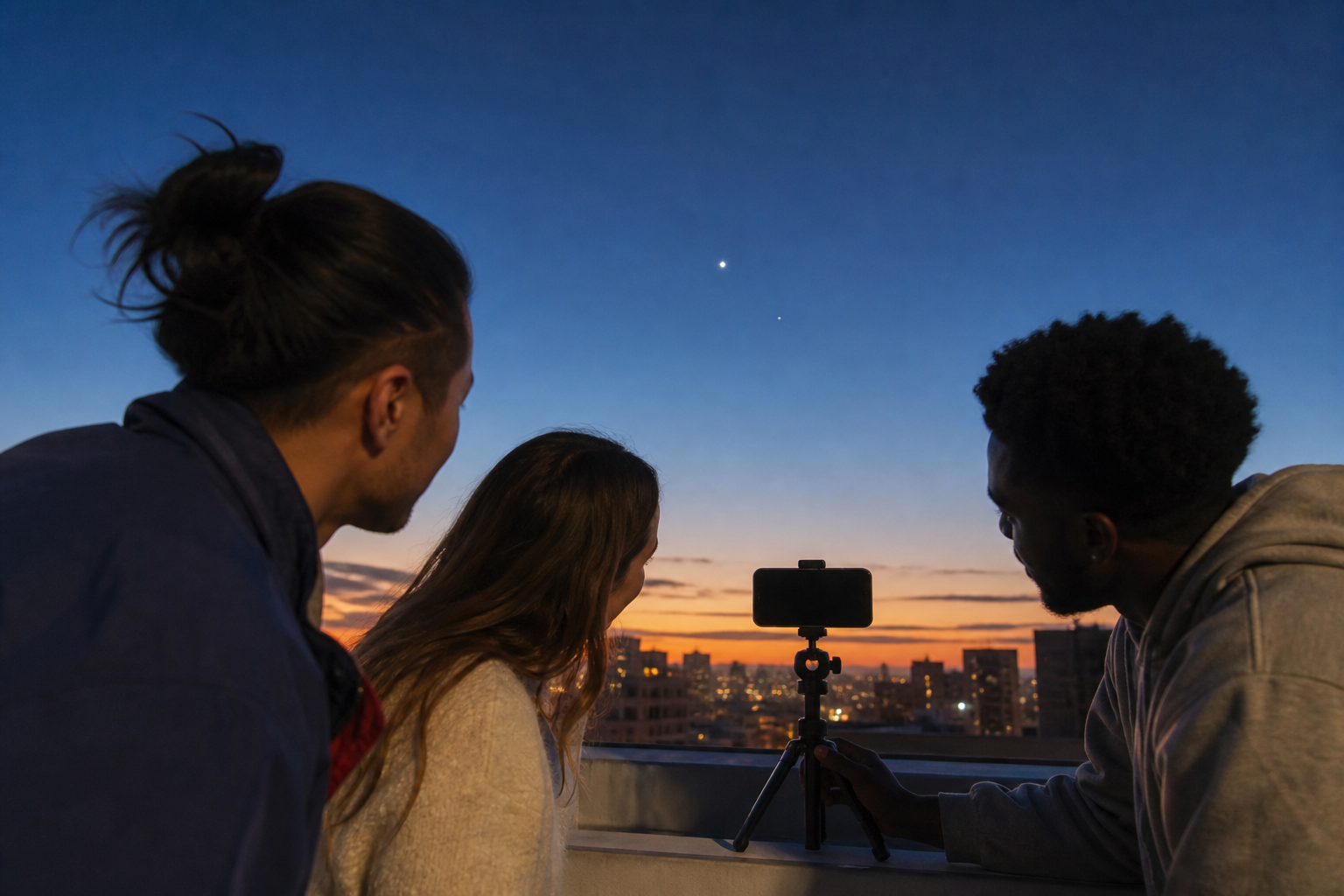 Friends set up a phone on a mini tripod for a twilight sky photo.