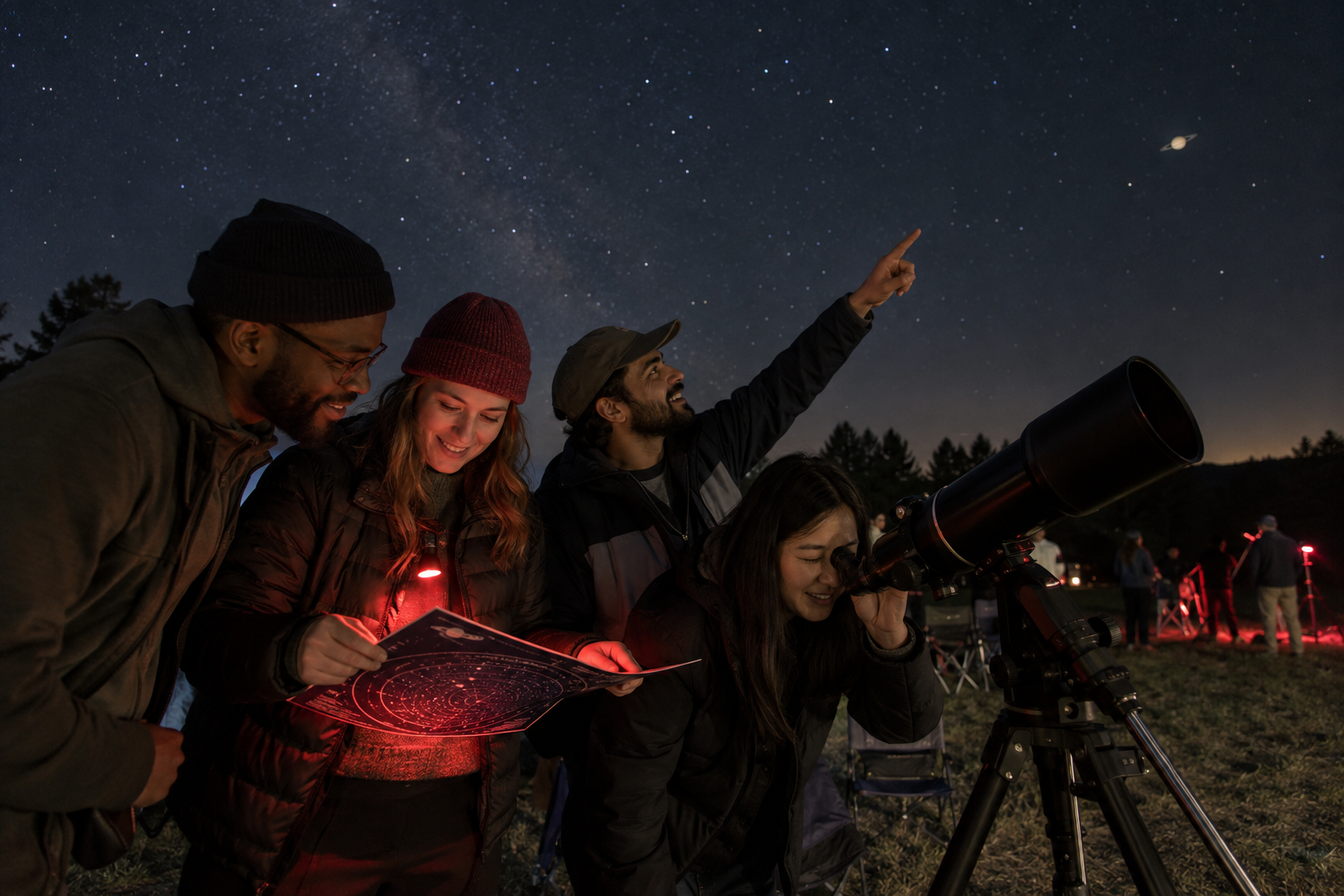 A group of friends sharing a small telescope during a Saturn observing session