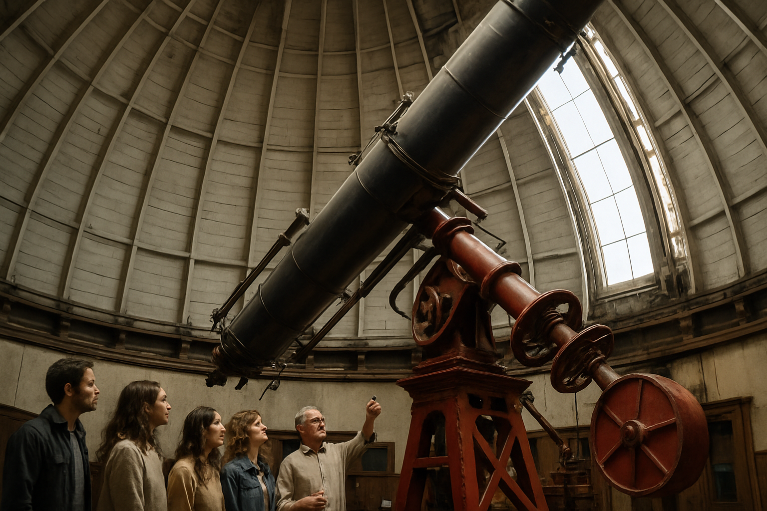 Visitors standing beneath the 100-inch-style historic telescope inside a domed observatory