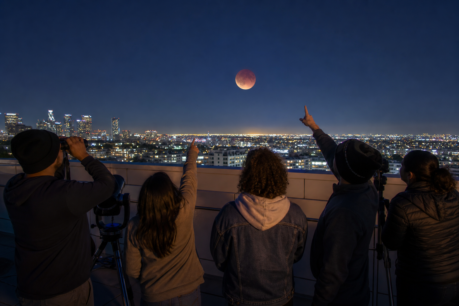 Los Angeles skywatchers follow the eclipsed Moon above an open horizon