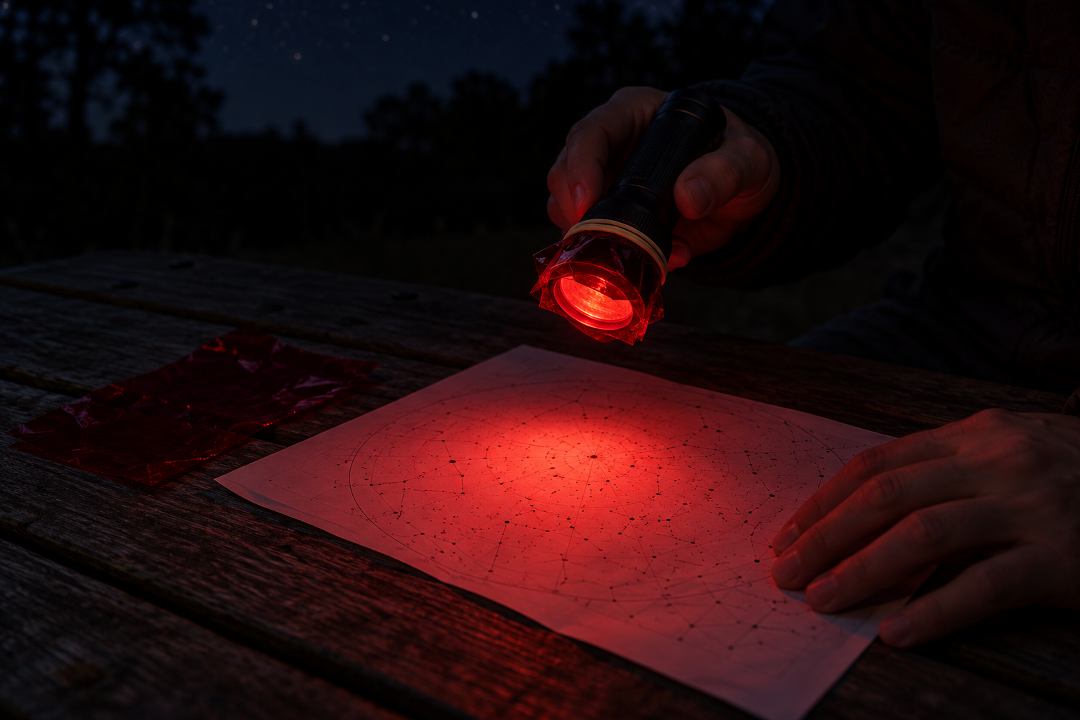 A simple red cellophane filter fitted over a flashlight for reading a sky chart.