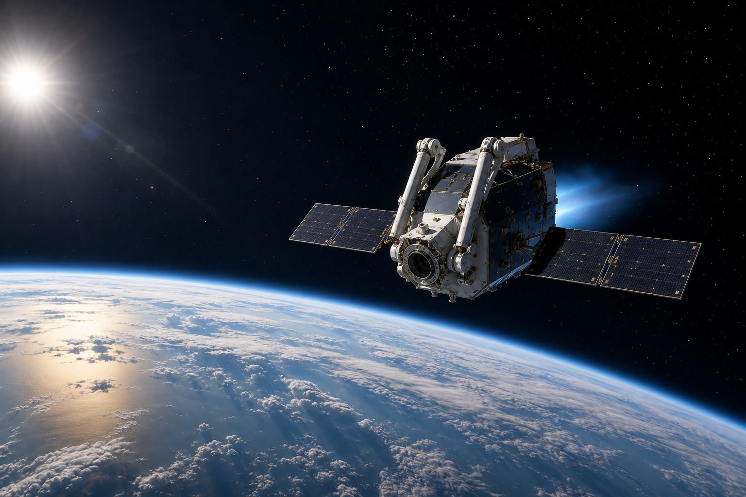 Robotic satellite-servicing vehicle with two folded arms climbing toward geosynchronous orbit above sunlit Earth