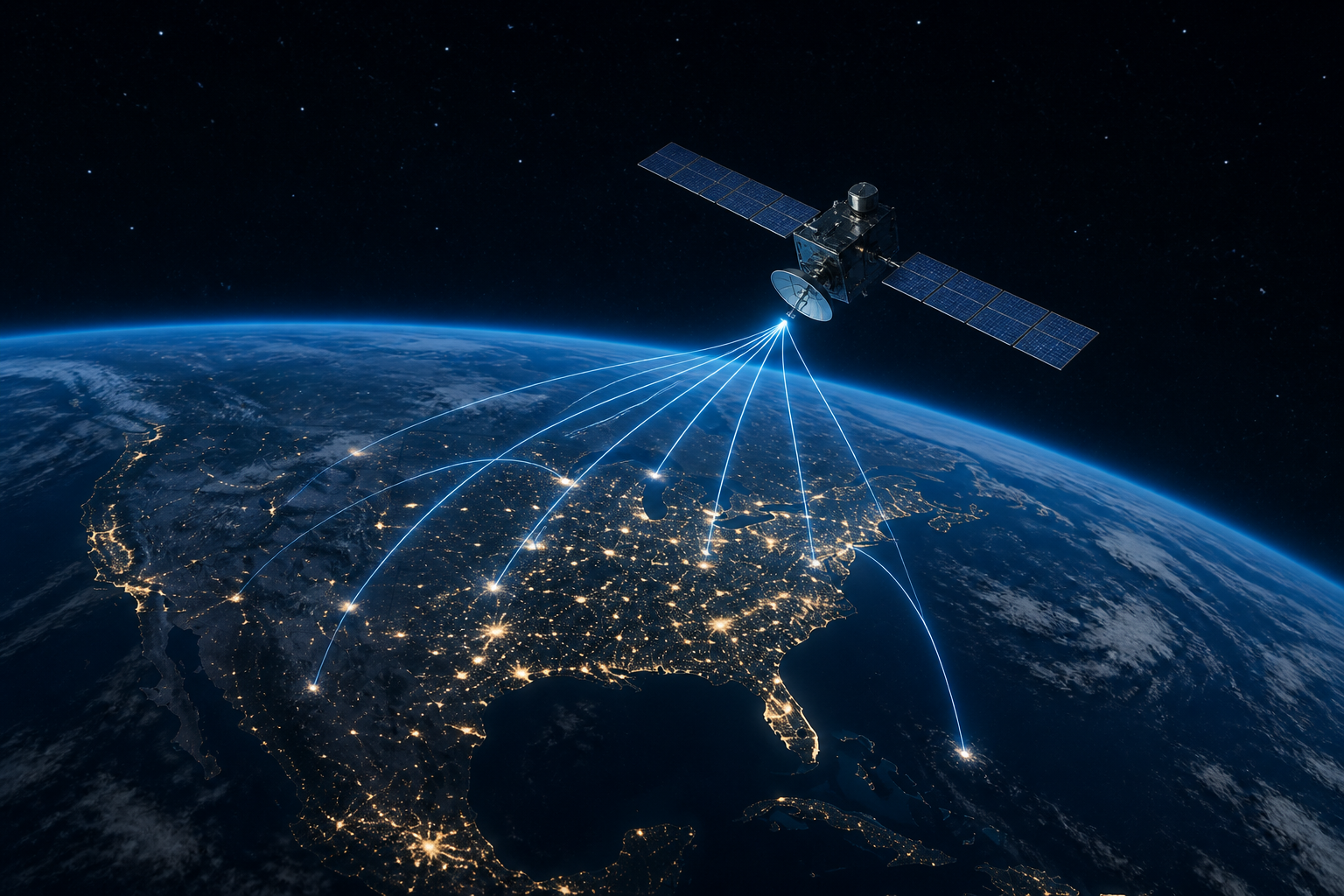 Illustration of a communications satellite relaying signals over Earth at night
