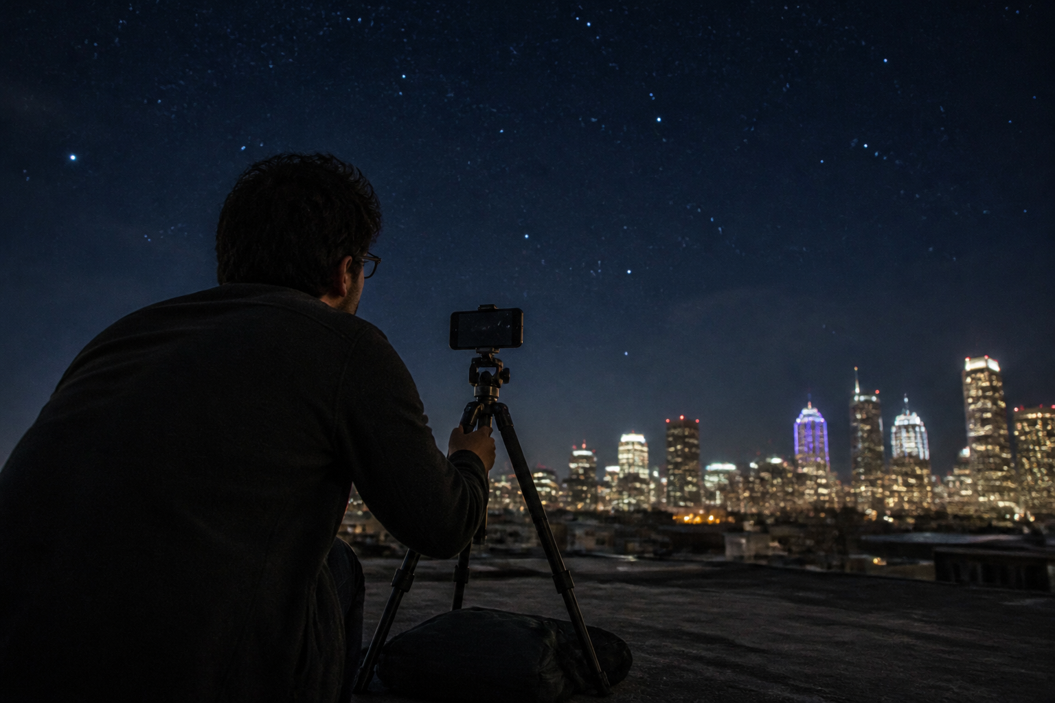 A stable smartphone tripod on an Austin rooftop aimed at the night sky