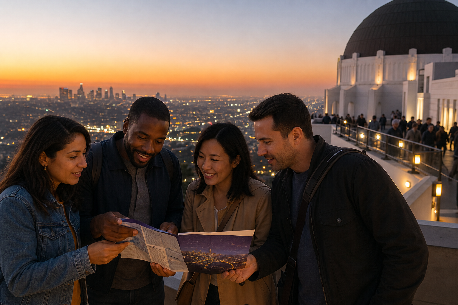 A small group plans its observatory evening together on the terrace.
