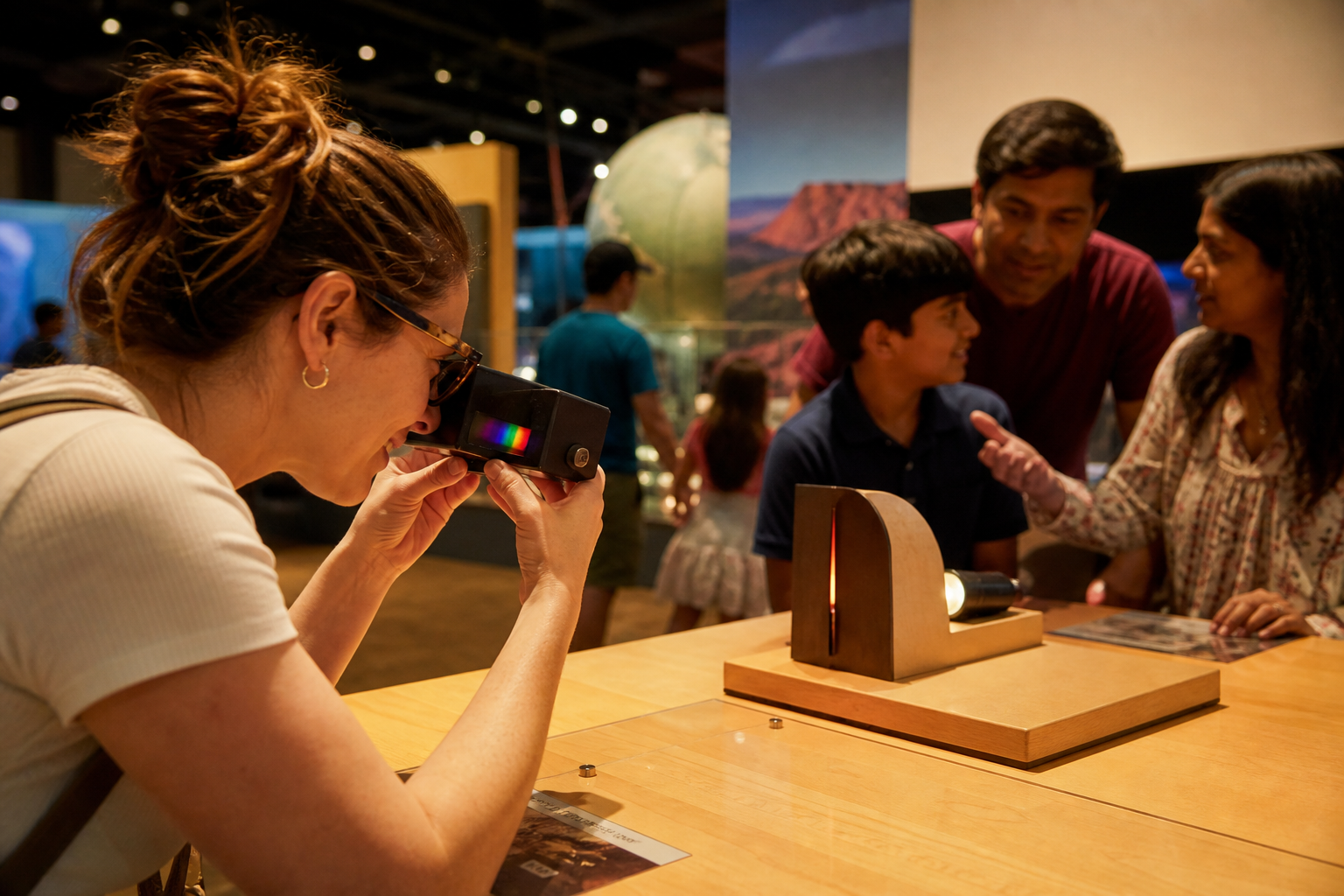 A visitor explores a hands-on museum spectroscopy demonstration