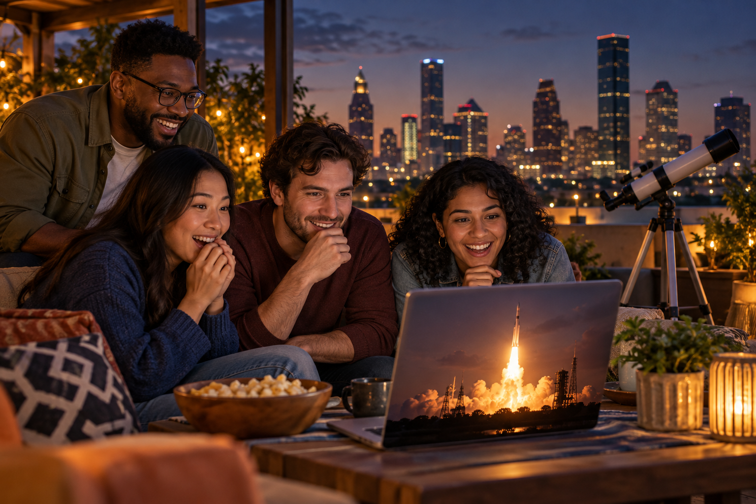 A small Houston community watch-along gathers around a launch livestream at dusk.