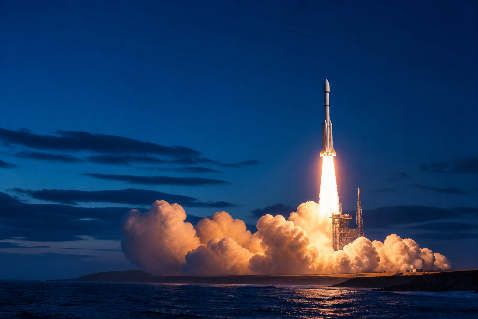 Illustrative Long March-class rocket lifting off from a coastal launch site at blue hour