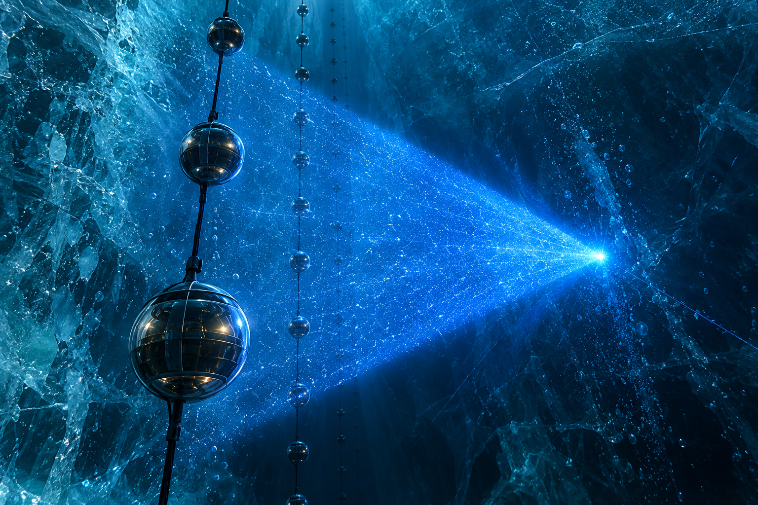Close conceptual view of a Cherenkov-light event between deep Antarctic detector modules