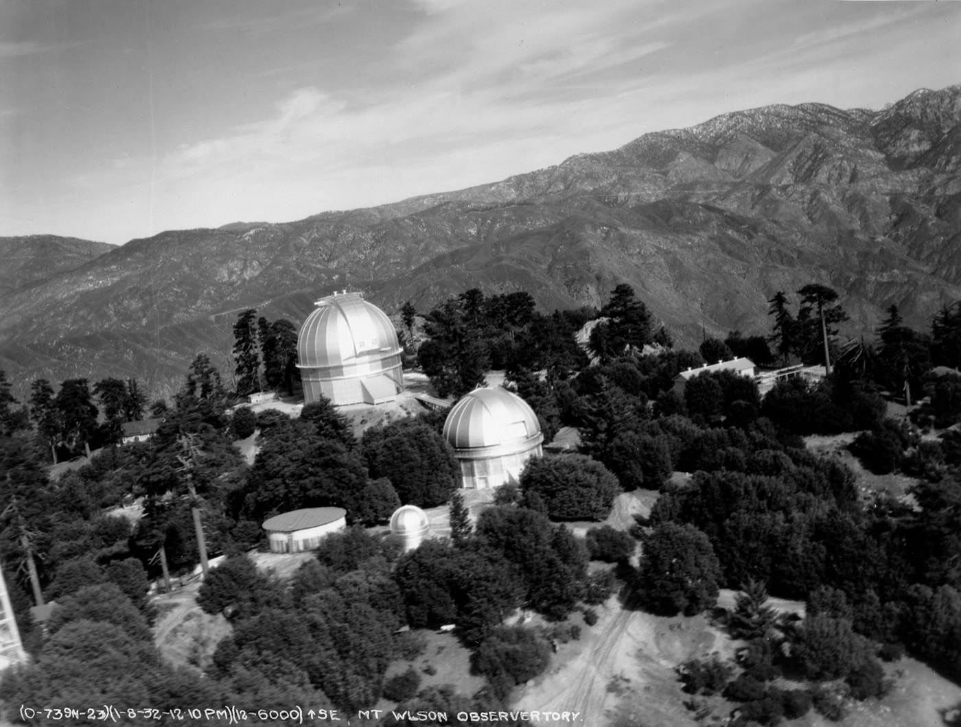 Aerial view of the Mount Wilson Observatory domes in the San Gabriel Mountains above Los Angeles County