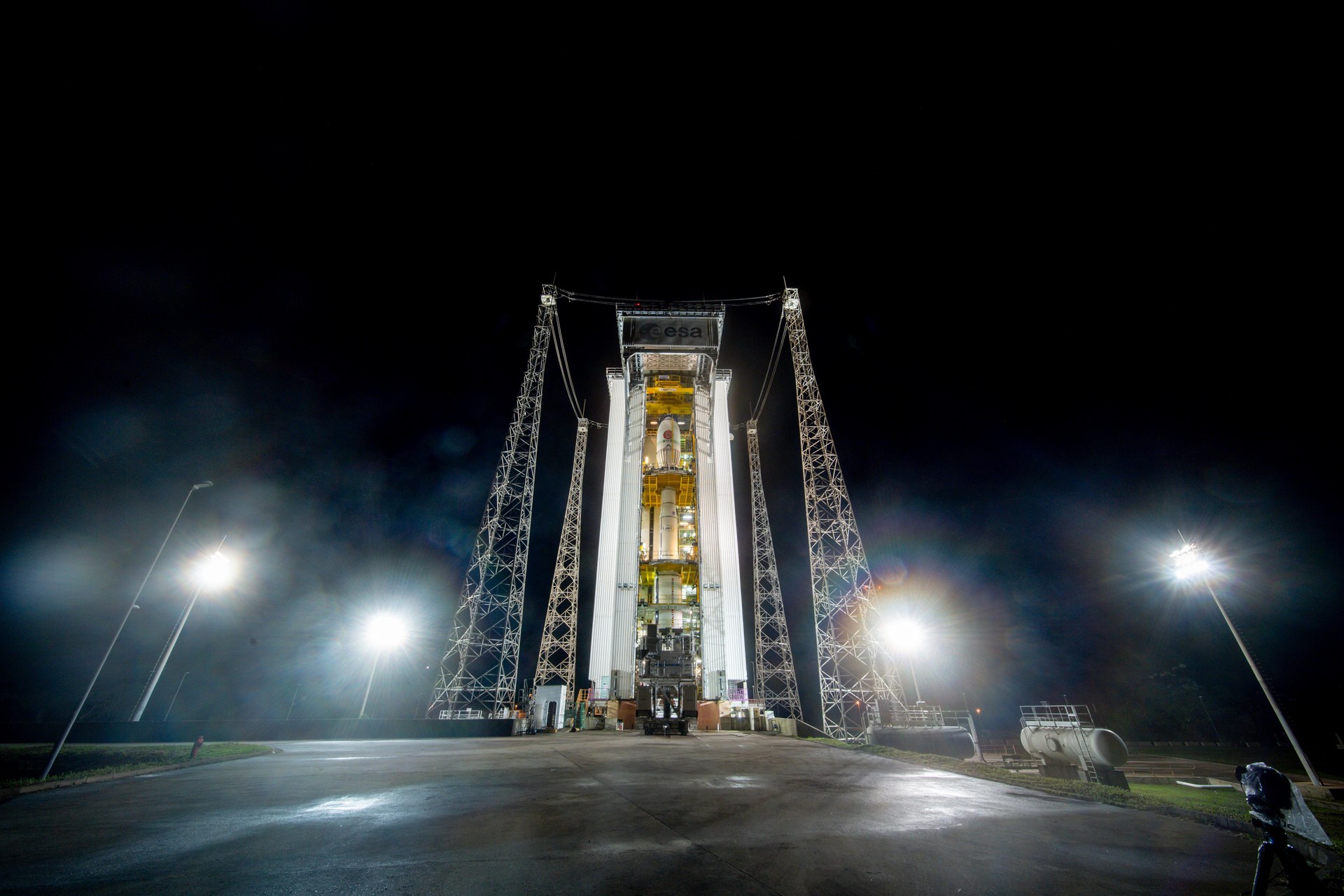 Vega-C rocket with SMILE on the launch pad at night