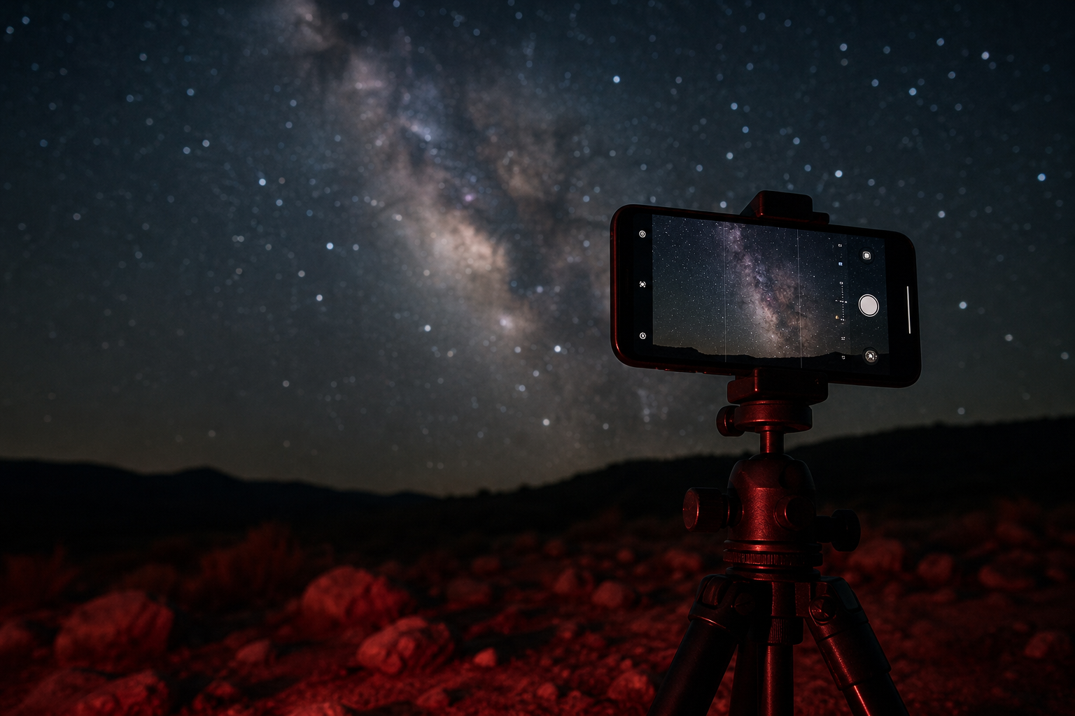 Smartphone mounted securely on a tripod under a dark starry sky