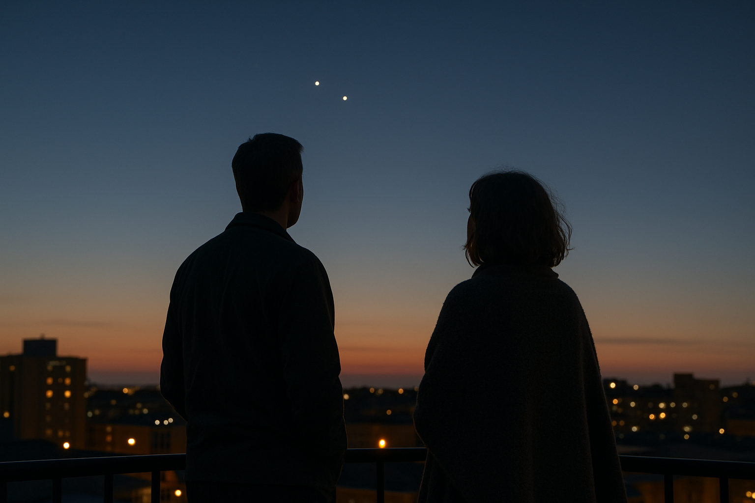 Skywatchers on a rooftop at dusk under bright Venus and Jupiter