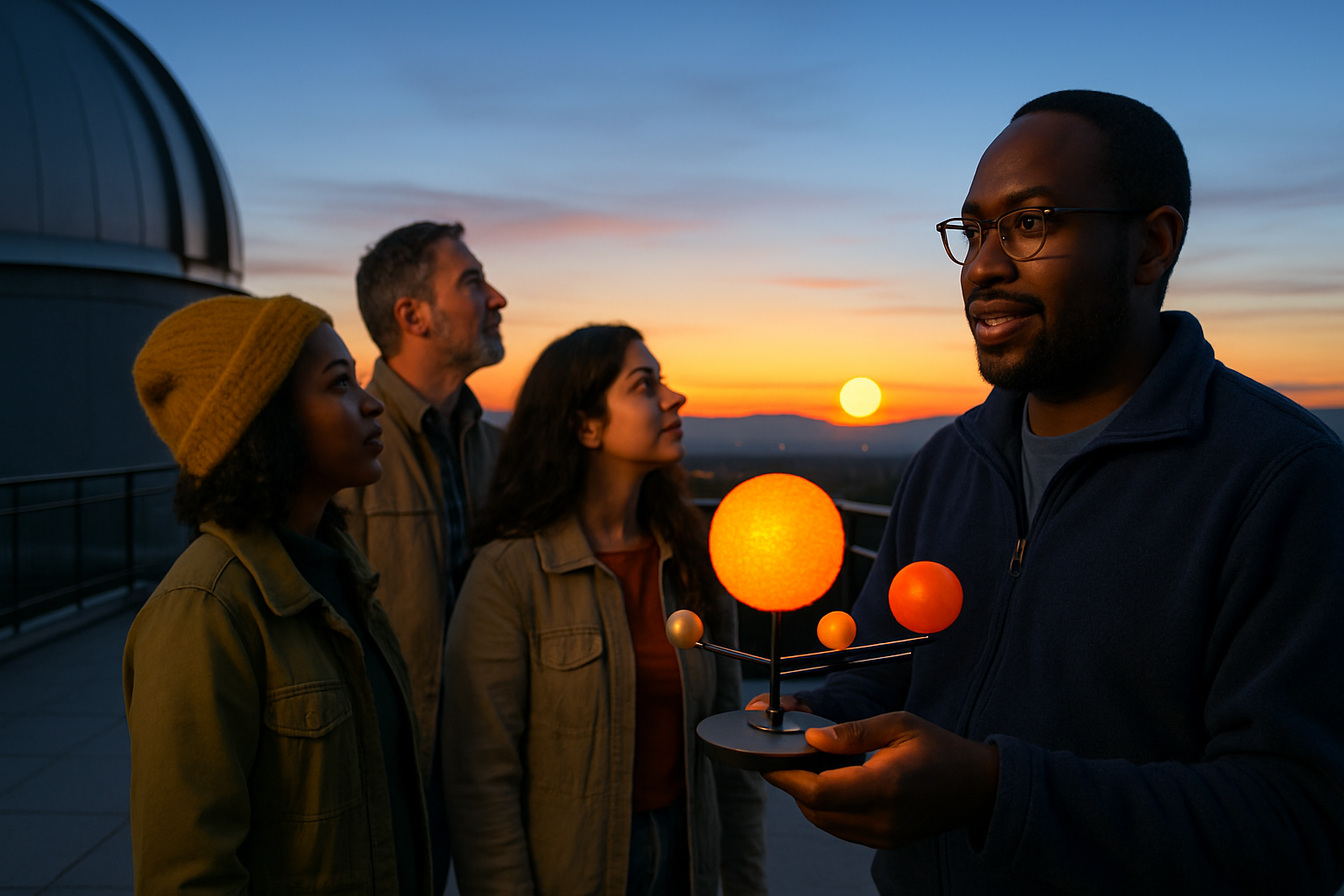 Diverse group of adult astronomy friends learning about Mercury's orbit together at an outdoor observatory terrace at dusk
