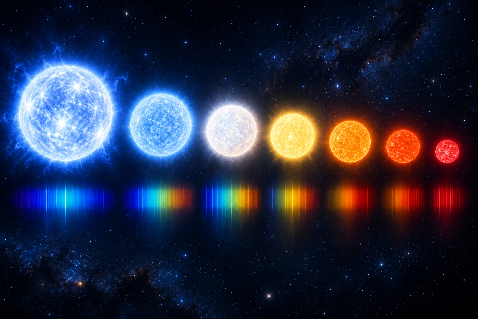 A text-free sequence of stars shifting from blue-white to orange-red by temperature