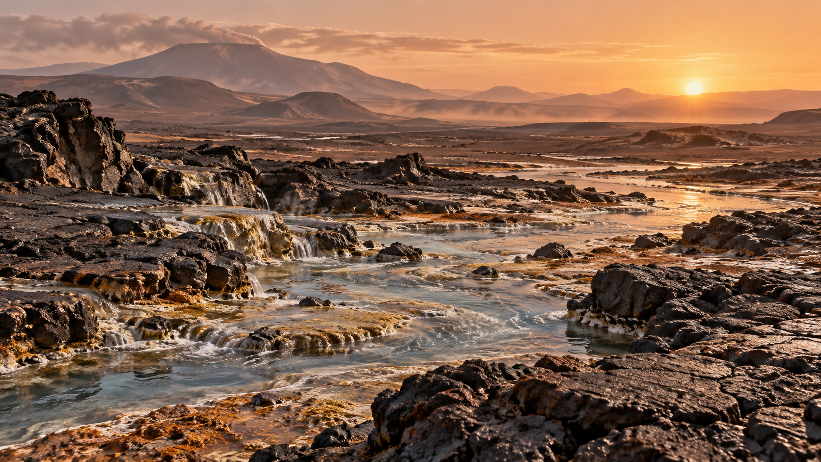 Editorial reconstruction of ancient Mars with dark volcanic rock interacting with shallow mineral-rich water.