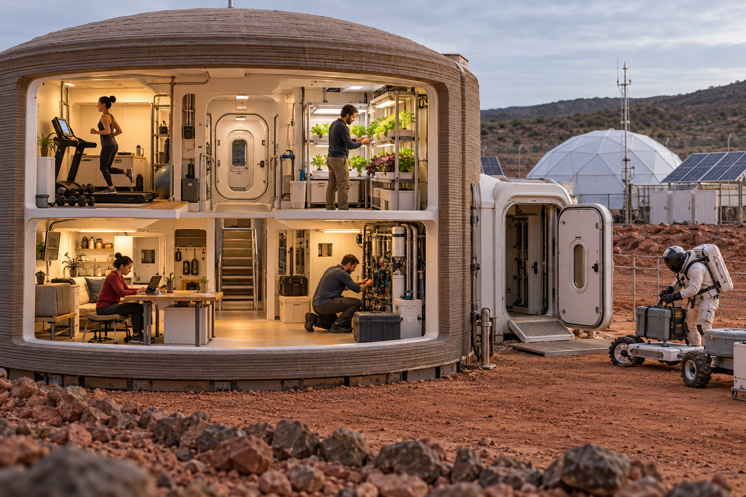 Cutaway of a fictional Earth-based Mars-analog habitat showing exercise, plant care, equipment work, and simulated exploration