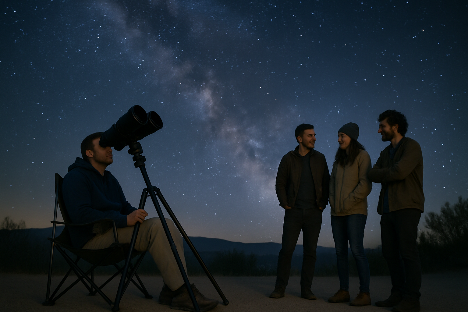 Observer using tripod-mounted binoculars at a dark-sky overlook