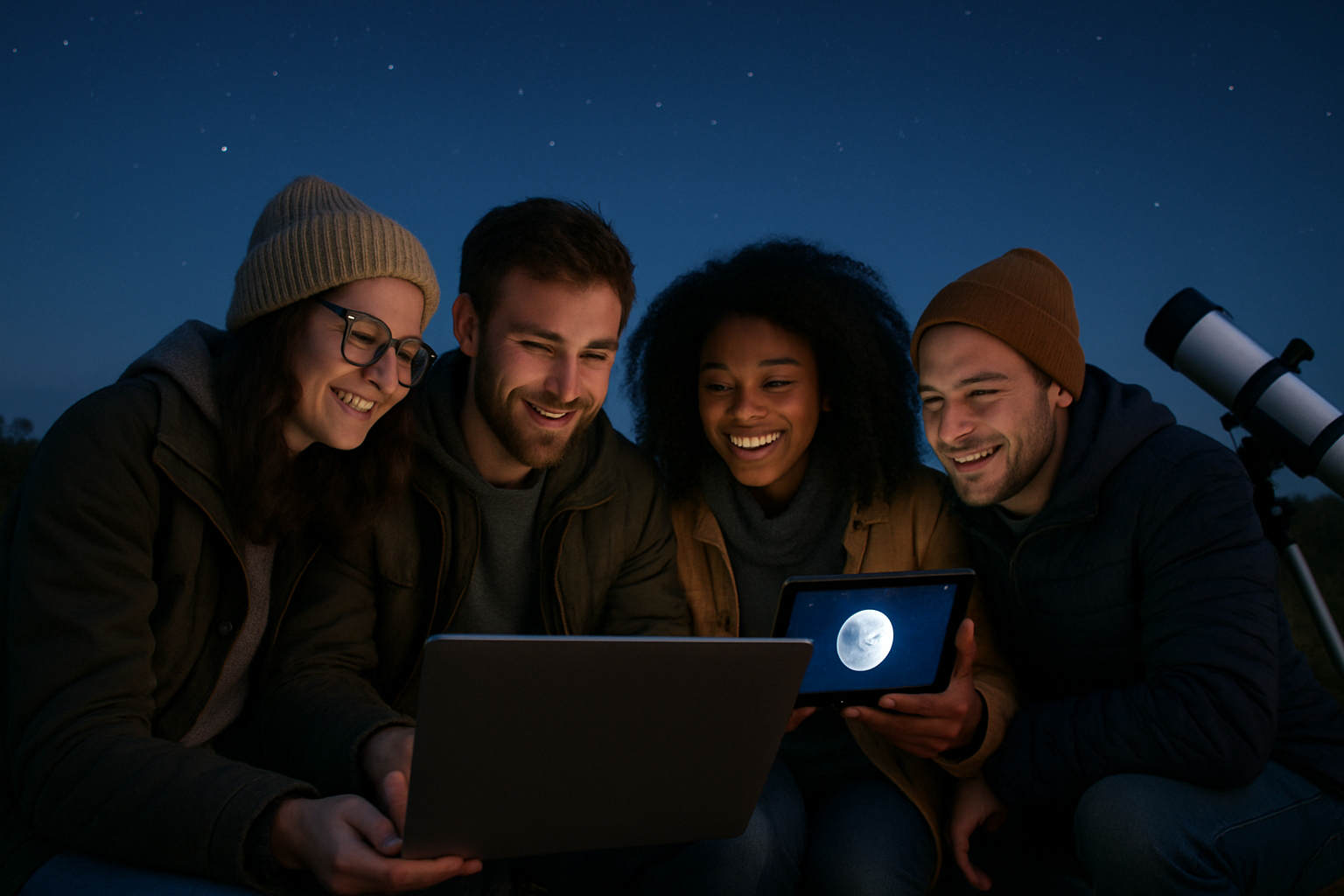 Friends watching an asteroid livestream on a laptop before darkness falls