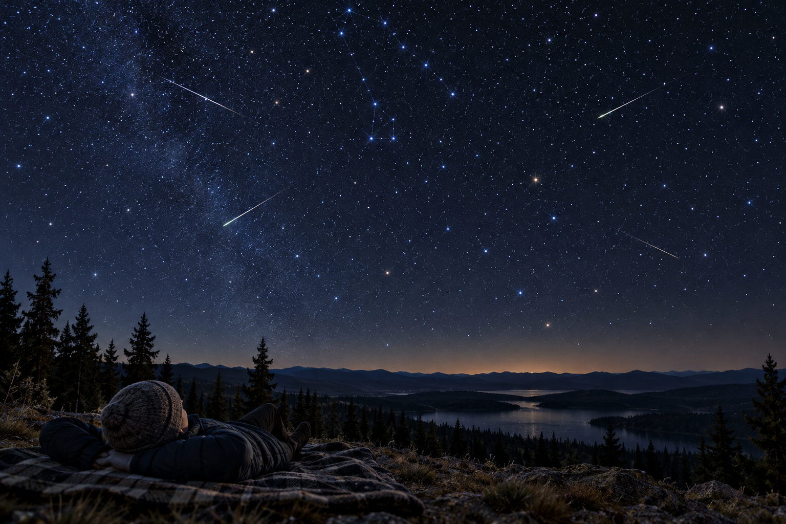 A patient observer watches a sparse meteor shower across a broad dark sky