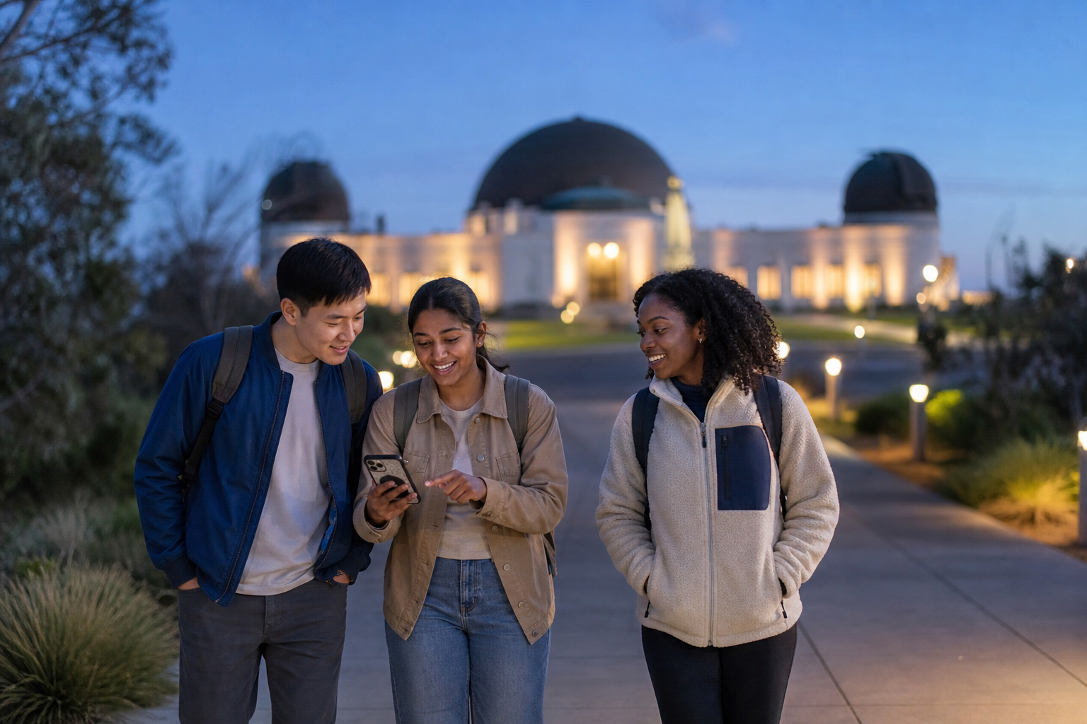Friends arrive at an observatory together at blue hour.