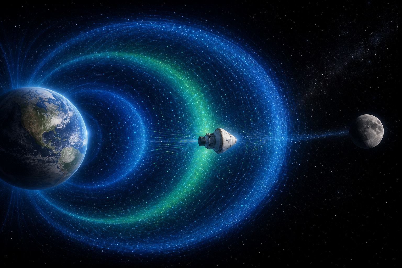 Orion spacecraft crossing a luminous inner Van Allen radiation belt between Earth and the Moon