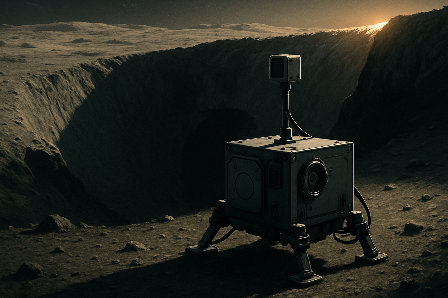Sensor package operating near a dim lunar terrain edge where continuous low-power electronics matter more than peak power output