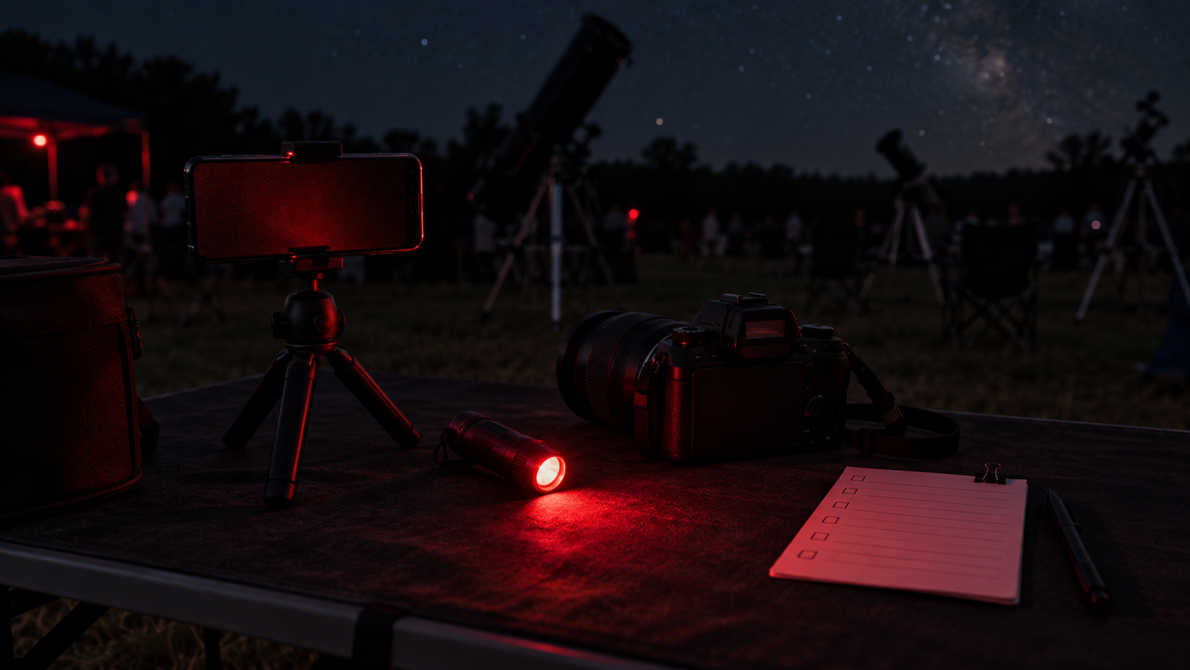 A dim red phone, camera, and red flashlight prepared for a public star party.